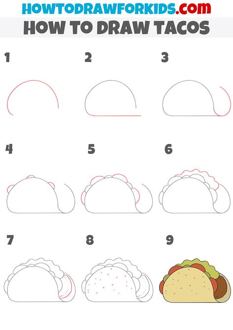 How to Draw Tacos - Easy Drawing Tutorial For Kids Food Doodles Easy Step By Step, Simple Taco Drawing, Food Sketch Easy, How To Draw Desserts, Simple Food Drawings, Taco Drawing Easy, Drawing Food Easy, Cute Food Drawings Easy, Tacos Drawing