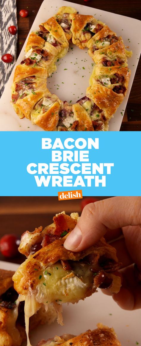 Best Bacon Brie Crescent Wreath Recipe - How to Make Bacon Brie Crescent Wreath Baked Brie Pillsbury Crescent Rolls, Brie Cheese Crescent Rolls, Crescent Roll Wreath Recipes, Brie Crescent Wreath, Crescent Wreath, Bacon Brie, Brie Cheese Recipes, Pillsbury Crescent Rolls, Brie Cranberry