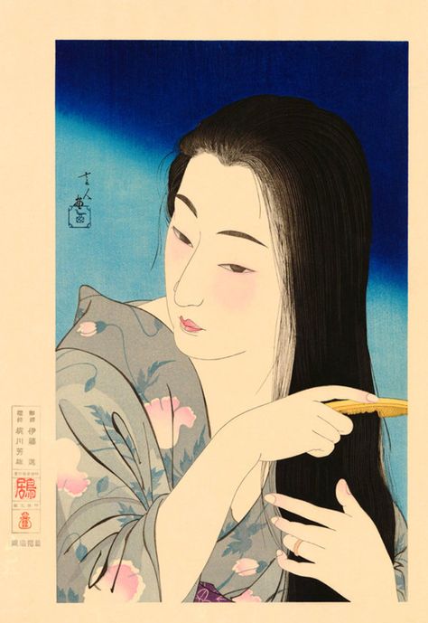 Japanese art Combing her hair Kamisuki Torii Kotondo | Etsy Art Chinois, Japanese Art Prints, Japanese Illustration, Art Asiatique, Print Portrait, Japanese Woodblock, Eastern Art, Art Japonais, Japanese Woodblock Printing