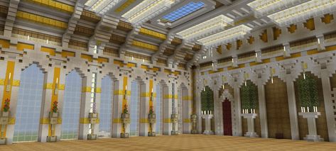 I build large old-style mansions and palaces. This is a room in my largest build yet. Unfurnished. Feel free to take inspiration. Minecraft Throne Room Design, Castle Room Minecraft, Minecraft Dining Room Medieval, Minecraft Ballroom Ideas, Library Design Minecraft, Minecraft Royal Bedroom, Minecraft Palace Interior, Ballroom Minecraft, Minecraft Ballroom