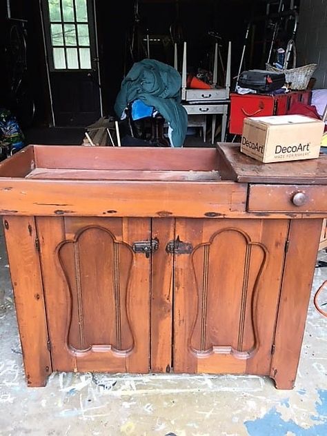 It’s a Wash! Vintage Dry Sink Before and After Vintage Dry Sink Makeover, Refurbished Dry Sink, Dry Brushing Before And After Furniture, Antique Dry Sink Repurposed, Dry Sink Bathroom Vanity, Drysink Makeover, Dry Sink Repurposed, Dry Sink Decor Ideas, Dry Sink Makeover