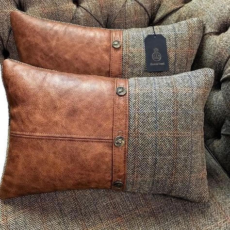 Leather Scatter Cushions, Tweed Interior Design, Leather Home Decor Diy, Leather Cushion Covers, Leather Cushions Ideas, Leather Decor Ideas, Leather Pillows On Couch, Harris Tweed Crafts, Tweed Crafts