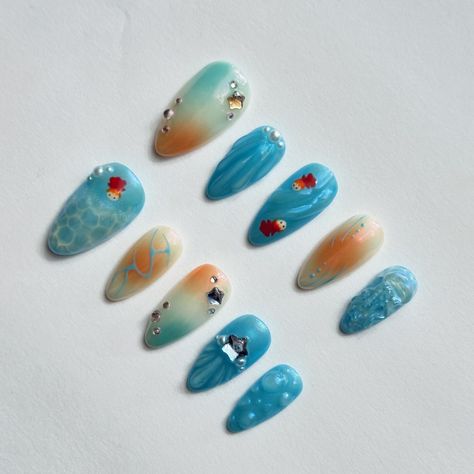 ⋅˚₊‧ଳ Ponyo nails ଳ‧₊˚⋅ • • • ib: @oaklestudio #nails #nailart #naildesign #nailsofinstagram #nailinspo #nailinstagram #nailsoftheday #3dnailart #pressonnails #pressons #pressonsforsale #pressonnailbusiness #cutenails #customnails #ponyo #studioghibli Ponyo Inspired Nails, Oaklestudio Nails, Ponyo Nails Studio Ghibli, Billie Nails, Ponyo Nails, Sparkly Nails, Nail Studio, Howls Moving Castle, 3d Nail Art