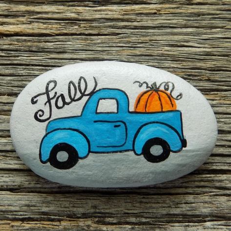 Cute fall inspired fall painted rock with a giant pumpkin in the back of a vintage little blue truck. Thanksgiving Rock Painting, Thanksgiving Painting Ideas, Thanksgiving Painting, Pumpkin Painting Ideas, Halloween Rocks, Painted Rocks Kids, Rock Painting Ideas, Painted Rocks Craft, Painted Rocks Diy