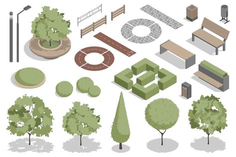 Modern Park Isometric Elements Landscape Architecture Graphics, Architecture Design Presentation, Tree Diagram, Isometric Drawing, Architecture Concept Diagram, Interior Design Presentation, Architecture Collage, Architecture Graphics, Architecture Concept Drawings