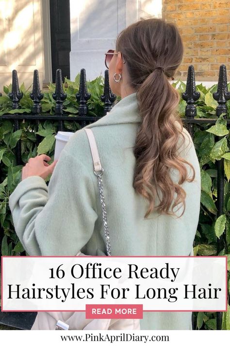 Elevate your office ready hair with my latest hairstyling tips blog post showcasing 16 easy office hairstyles for long hair! Whether you half up hairstyles for long hair or messy ponytails, I've got you covered. From Monday meetings to Friday happy hours, these hairstyles will keep you looking and feeling confident all week long. Click the link to read more today! Office Hairstyles For Long Hair, Messy Ponytails, Up Hairstyles For Long Hair, Ready Hairstyles, Easy Office Hairstyles, Office Capsule Wardrobe, Half Up Hairstyles, Office Hairstyles, Work Outfit Inspiration