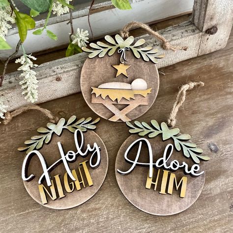 Holy Night | Christmas Baby Jesus | Adore Him Ornament (Set of 3) – Glowforge Shop Laser Cut Ornaments, Engraved Ornaments, Laser Cut Wood Crafts, Night Christmas, Laser Engraved Ideas, Christmas Signs Wood, Wood Christmas Ornaments, Christmas Trends, Christmas Ornament Crafts