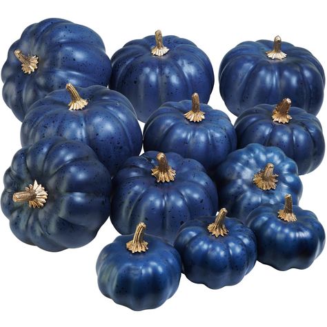 PRICES MAY VARY. Quantity: Package includes 12 pcs Navy Blue Faux Pumpkins Artificial Harvest Pumpkins in 3 sizes, with 4 pumpkins in each size. Pair them with greenery to create a unique table runner decoration! These blue pumpkins are perfect for Halloween, Thanksgiving, fall parties, baby showers, bridal showers, or weddings. Size: These navy pumpkins come in three sizes—2.5" x 2", 3" x 2.8", and 3.8" x 3". Their flat bottom makes them perfect for various arrangements. Use these small pumpkin Blue And Orange Thanksgiving, Blue Thanksgiving Table Decor, Navy Blue Fall Decor, Blue Thanksgiving Decor, White Thanksgiving Decor, Navy Wedding Centerpieces, Blue Thanksgiving Table, Blue And White Fall Decor, Seasonal Room Decor