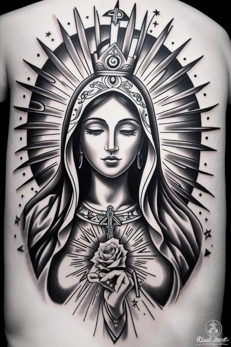 Discover the exquisite charm of 'Pretty Virgin Mary Style' – an artful representation that celebrates the enchanting beauty and purity of the Virgin Mary. A timeless homage to faith and grace. 🌟🙏 #VirginMaryStyle #DivineBeauty #EternalGrace Virgen Mary Tattoo, Christus Tattoo, Mother Mary Tattoos, Tato Salib, Virgin Mary Tattoo, Side Neck Tattoo, Mexican Art Tattoos, Mary Tattoo, Chicano Style Tattoo