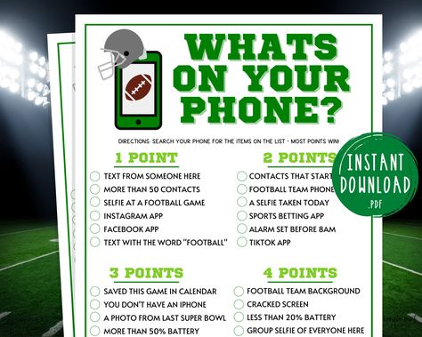 "Super Bowl Whats On Your Phone Game | Super Bowl Party Games Printable Super Bowl LVI Game | Sunday Football | Phone Scavenger Hunt Hit that ♥︎ to Favorite this Game! This Super Bowl Whats on Your Phone Game is such a fun Super Bowl Sunday game to play with your friends & family at your Super Bowl party, tailgate, or event! Impress your guests with the fun and unique games you brought to the party! Bring the fun with this super easy Super Bowl LVI Printable Party Game! Great party game for any Super Bowl Teacher Appreciation, Super Bowl Party Games For Adults, Superbowl Games For Adults, Super Bowl Sunday Games, Phone Scavenger Hunt, Whats On Your Phone Game, Super Bowl Party Games, Fantasy Football Party, Office Morale