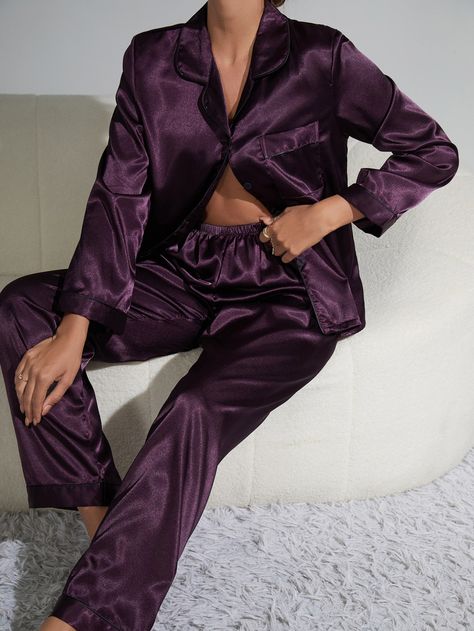 Purple Simple  Long Sleeve  Plain Pant Sets Embellished Non-Stretch  Women Sleep & Lounge Pajama Fashion, Plain Pants, Pant Sets, Cool Fits, Satin Pajamas, Women Nightwear, Satin Top, Pajama Set Women, Pj Sets