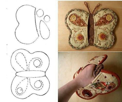 Butterfly oven mitt Quilted Butterfly, Secret Doors, Diy Sac, Folded Fabric Ornaments, Hidden Compartments, Potholder Patterns, Fabric Christmas Ornaments Diy, Quilted Christmas Ornaments, Costura Diy