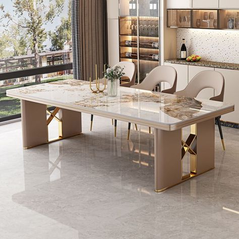 Product Overview What is Included Size: 63"L x 31.5"W x 29.5"H 55.1"L x 31.5"W x 29.5"H Popular Table Lengths: 60 inches 54 inches Table Height: Standard Height (28"-33") Style: Glam Shape: Rectangle Table Base Material: Metal Color: White Table Top Color: White Table Base Color: Gold Table Base Type: Double Pedestal Purposeful Distressing Type: No Distressing Weights & Dimensions Overall Table Length - End to End: 63" (160 cm) 55" (140 cm) Overall Width - Front to Back: 31.5" (80 cm) Overall Ta 8 Seater Dining Table Modern, White Rectangle Table, Granite Dining Table, Stone Top Dining Table, Dining Table Design Modern, Luxury Dining Tables, Marble Top Dining Table, White Rectangle, Studio Table