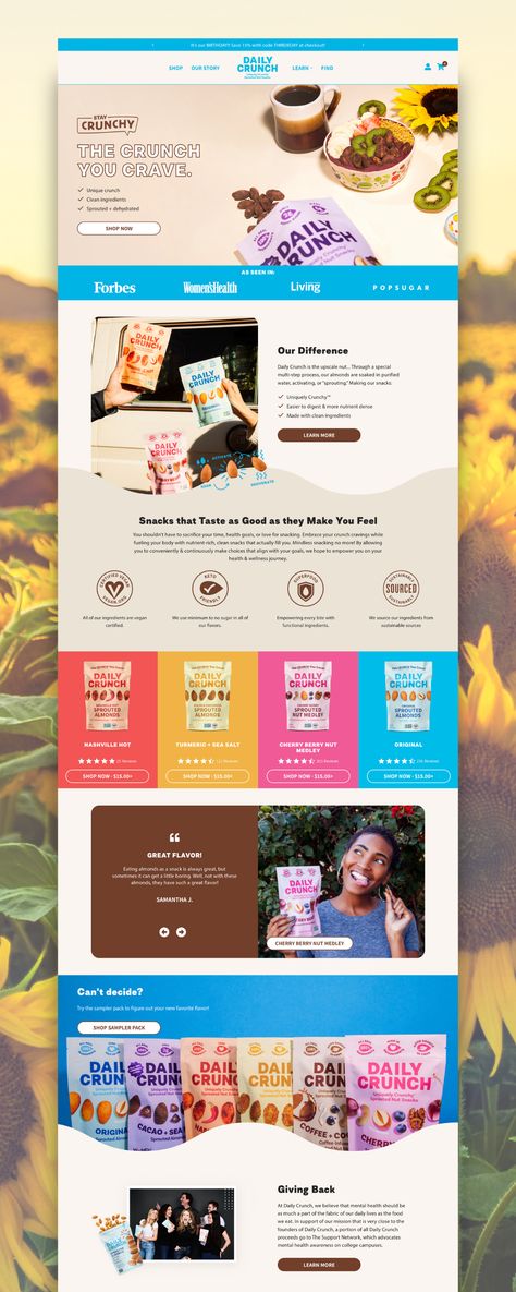 Daily Crunch Shopify food website Packaging Website Design, Subscription Website Design, Vacation Website Design, Shopify Design Inspiration, Digital Product Website Design, Funny Website Design, One Product Website Design, Cookie Website Design, Beverage Website Design