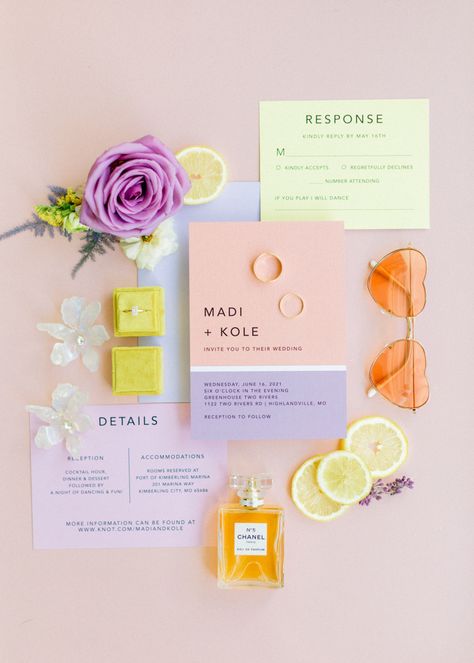 Vibrant and Pastel Greenhouse Wedding | Junebug Weddings Bright Color Wedding Invitations, Vibrant Pastel Wedding, Retro Spring Wedding, Vibrant Wedding Invitations, Vibrant Pastel Color Palettes, Colourful Wedding Ideas, Pastel Wedding Invites, Wedding Invitations Colorful, Colourful Wedding Invitations