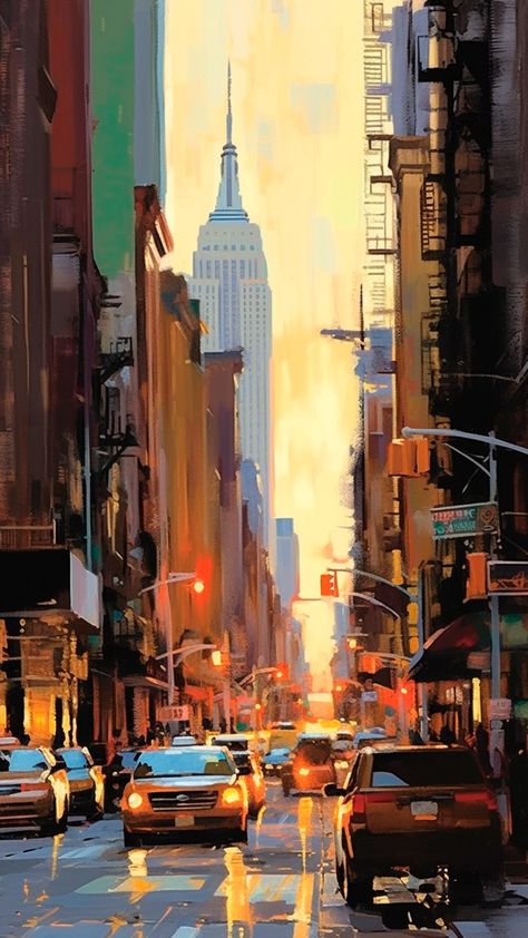 Urban Painting Acrylic, City Gouache Painting, Downtown Drawing, Urban Landscape Art, Oil Painting City, New York City Painting, Painting Buildings, Nyc Painting, City Paintings