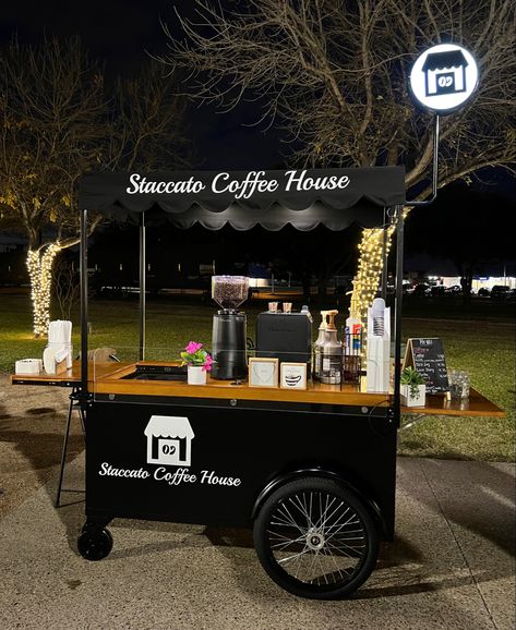 Staccato Coffee House is a mobile coffee cart Coffee Bar Portable, Portable Coffee Cart Mobile Bar, Coffee Cart Menu Ideas, Coffee Shop Cart, Coffee Cart Decor, Coffee Bike Design, Coffe Trucks Idea, Coffee Mobile Cart, Cart Business Ideas