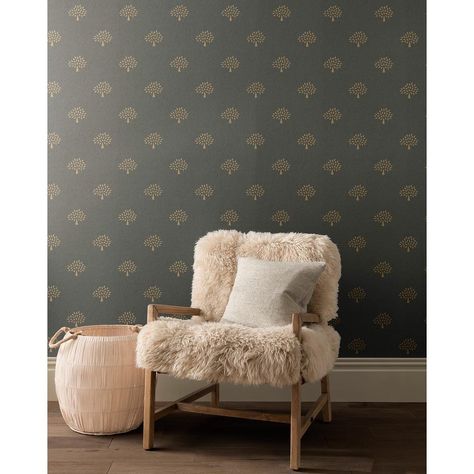 Grand Mulberry Tree in Charcoal from the Modern Country Wallpaper collection and cushion, Clovelly in Shingle from the Modern Country… Mulberry Wallpaper, Free Wallpaper Samples, Country Wallpaper, Cosy Corners, Charcoal Wallpaper, Mulberry Home, Beige Interior, Mulberry Tree, Toilet Design