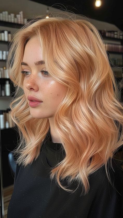 Blonde Envy: 30 Stunning Hair Color Ideas for Your Most Glamorous Year Yet Strawberry Blonde Bob Hair, Peach Fuzz Hair Color, Mid Length Copper Hair, Strawberry Blonde Hair Bangs, Summer Hair Color 2024 Trend, Blonde With Red Undertones, Blond Copper Hair, Bright Strawberry Blonde, Peach Blonde Hair Color