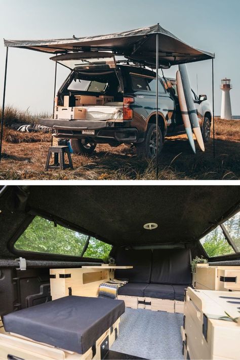 pickup truck exterior and pickup truck camper interior Truck Bed Camper Interior, Pickup Truck Bed Ideas, Truck Camper Interior, Homemade Truck Camper, Diy Truck Camper, Pickup Camping, Truck Builds, Pickup Trucks Camping, Camper Truck