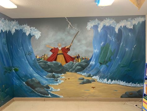 Christian Murals, Noahs Ark Wall Mural, Noahs Ark Mural, Noahs Ark Vbs, Church Mural, Dennis Jones, Room Murals, Bible Crafts Sunday School, Night Kids