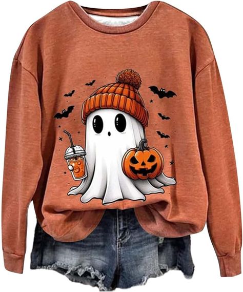 Halloween Pumpkin Sweatshirts Women Funny Ghost Graphic Sweatshirt Spooky Season Party Sweater Fall Pullover Top at Amazon Women’s Clothing store Cute Oversized Shirts, Dollar Store Inspired Decor, Pumpkin Sweater, Ghost Graphic, Print Sweaters, Fall Pullover, Pumpkin Sweatshirt, Party Sweaters, Pumpkin Sweatshirts