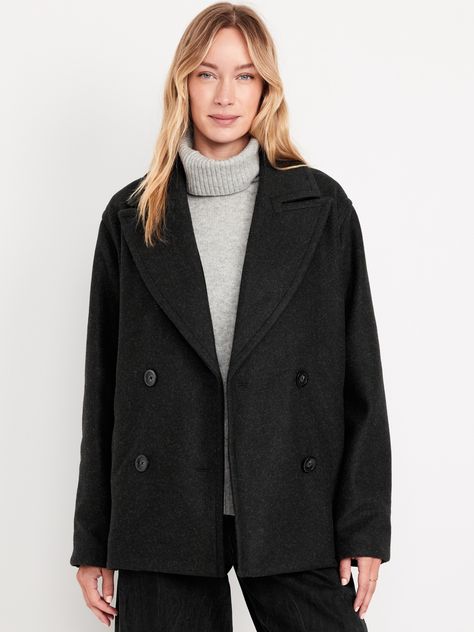 notched collar long sleeves double-button front welt pockets hanging loop fully lined relaxed fit hits at thigh models are approx.  5'9" and wear sizes s (4), l (12), and xl (18)dry clean Short Pea Coat Outfits, Black Peacoat Outfit, Pea Coat Outfits, Black Coat Short, Peacoat Outfit, Peacoat Women, Black Peacoat, Navy Pea Coat, Outfit References