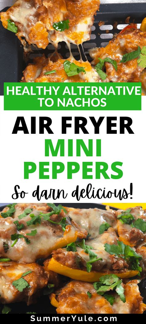 Air Fryer Mini Peppers, Air Fryer Stuffed Mini Peppers, Mini Sweet Pepper Recipes, Mini Pepper Recipes, Air Fryer Bell Pepper Nachos, Air Fried Stuffed Peppers, Nachos With Refried Beans, Stuffed Mini Sweet Peppers Air Fryer, Easy Stuffed Bell Peppers Air Fryer