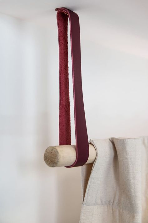 Leather Suspension/Ceiling Straps can be used in many different ways; as a ceiling-mounted curtain rod holder, or mounted under a cabinet as a hanging cloth drying rack, paper towel holder, or inside a window frame to hang plants from.   SIZE & DETAILS  Includes either one (1) Suspension strap or set of two (2) (select in the drop-down to checkout) and installation instructions; *hanging bar not included, sold separately here.   Leather width: 1 inch  Loop hole length: Is measured from suspensio Leather Ceiling, Cloth Drying Rack, Ceiling Mounted Curtains, Ceiling Mount Curtain Rods, Hang Plants, Curtain Rod Holders, Hanging Clothes Racks, Curtain Rod Brackets, Curtain Holder