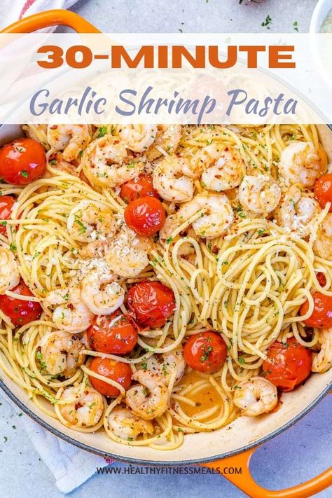 Healthy Shrimp Pasta Dinner, Healthy Pasta Shrimp Recipes, Easy Healthy Dinner Shrimp, Light Shrimp Pasta Recipes Healthy, Shrimp Pasta Olive Oil Garlic, Macro Friendly Shrimp Pasta, Easy Garlic Shrimp Pasta, Ww Shrimp Pasta Recipes, Gluten Free Shrimp Pasta