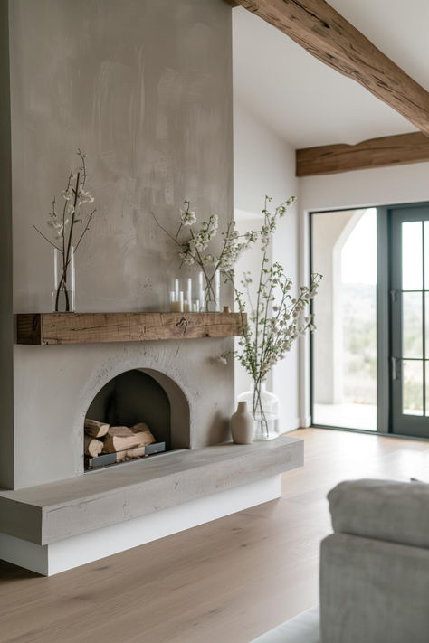 40 Minimalist Farmhouse Fireplace Ideas for Your Living Space Concrete Fireplace Living Room, Fireplace Minimalist Modern, Modern Minimal House Interiors, Minimalist Farmhouse Decor Living Rooms, Faux Wood For Fireplace, Fireplace With Porcelain Tile, Fireplace Makeover Plaster, Organic Modern Fireplace Tile, White Fireplace Surround Ideas