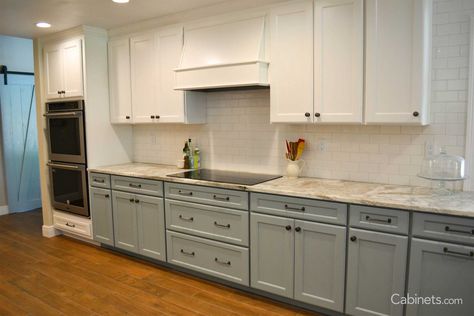 Coastal Two-Tone Galley Kitchen with Wood Hood - Cabinets.com White Galley Kitchens, Wood Hood, Galley Kitchen Layout, Two Tone Kitchen Cabinets, Kitchen Cabinet Trends, Two Tone Cabinets, Galley Kitchens, Two Tone Kitchen, Kitchen Buffet