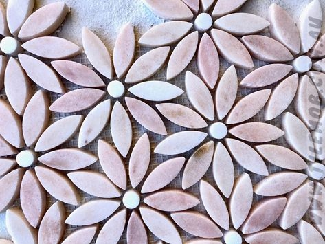 Flower Tile Backsplash, Daisy Mosaic, Green Mosaic Tile, Tile Shower Niche, Thasos, Flower Tile, Mosaic Backsplash, Honed Marble, Floral Tiles