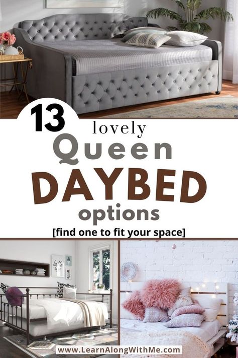 If a twin or full size daybed is too small for you, maybe one of these Queen Daybed options will work for you. They fit a queen size mattress so they provide a you a larger sleeping surface.
A queen size daybed is perfect for adults that live in a smaller space such as a studio apartment. 
If you're looking to change up your bedroom or sleeping space, maybe one of these Queen daybeds will work for you.


#queendaybed  #daybed   #daybedideas Queen Size Daybed Ideas, Queen Daybed Ideas, Full Size Daybed Room Ideas, Diy Mattress Couch, Queen Size Daybed, Small Daybed, Small Bedroom Style, Daybed Ideas, Queen Daybed