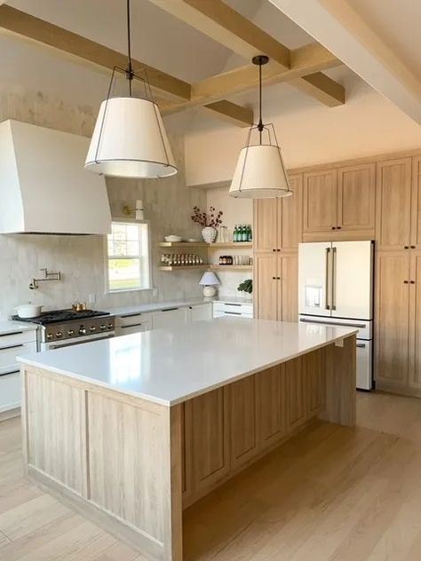 Natural Wood Island With Barstools, Big Island With Seating, Pantry Closed Cabinet, Unpainted Wood Kitchen Cabinets, White Granite Wood Cabinets, Farmhouse Kitchen Waterfall Island, Maple Oak Kitchen Cabinets, Arched Bar Design, White Maple Kitchen Cabinets