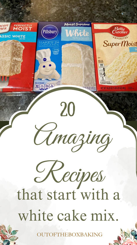 This handy post features 20 great recipes you can make from a simple box of cake mix. You can (literally) tweak and change a simple white cake mix into whatever you like. Things To Do With White Cake Mix Boxes, White Cake Mix Recipes Fall, What To Add To White Box Cake, Spice Cake Using White Box Cake, What To Make With Boxed Cake, Vanilla Cake Mix Recipes Boxes, White Cake Mix Recipes Boxed Almond, White Cake Mix Muffins, White Cake Mix Recipes Boxed Bundt