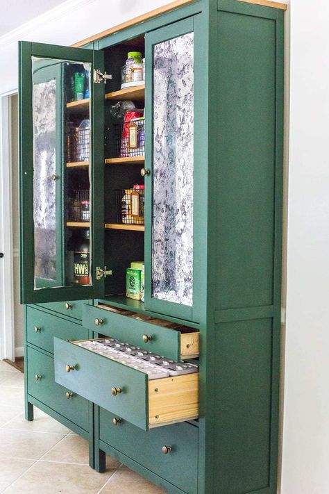 IKEA Hemnes Pantry Cabinet Organization - Bless'er House Hemnes Pantry, Pantry Cabinet Organization, Ikea Hemnes Cabinet, Ikea Pantry, Armoire Ikea, Table Linen Storage, Diy Pantry, Young House Love, Ikea Hemnes