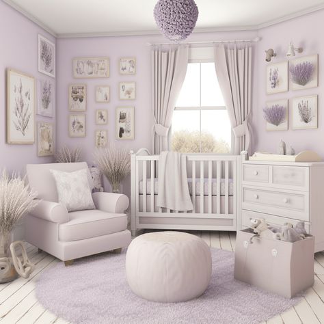 Purple Wall Nursery, Purple Nursery Baby Girl, Lilac Purple Nursery, Baby Girl Nursery Light Purple, Dusty Purple Nursery Ideas, Light Purple Baby Girl Nursery, Pale Purple Nursery, Baby Girl Nursery Room Ideas Lavendar, Purple And White Nursery