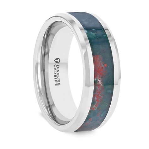 MICAH Bloodstone Inlay Tungsten Carbide Ring with Polished Beveled Edges - 8mm | Larson Jewelers Wedding Rings For Men, Bloodstone Ring, Mens Wedding Bands Unique, Tungsten Carbide Wedding Bands, Jewelry Cleaning Solution, Custom Wedding Rings, Wedding Rings Solitaire, Tungsten Carbide Rings, Tungsten Wedding Bands