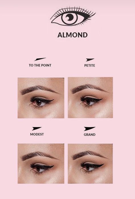 Create a winged eyeliner look on almond eyes with our four different eyeliner stamp sizes! Eyeliner For Oval Face Shape, Eyeliner For Heart Shaped Face, Wing Eyeliner Almond Eyes, Almond Eye Shape Eyeliner, Eyeliner Types Of Eyes, Eyeliner For Oval Eyes, Cat Eye Makeup Almond Eyes, Eyeliner For Oval Face, Almond Eye Makeup Asian