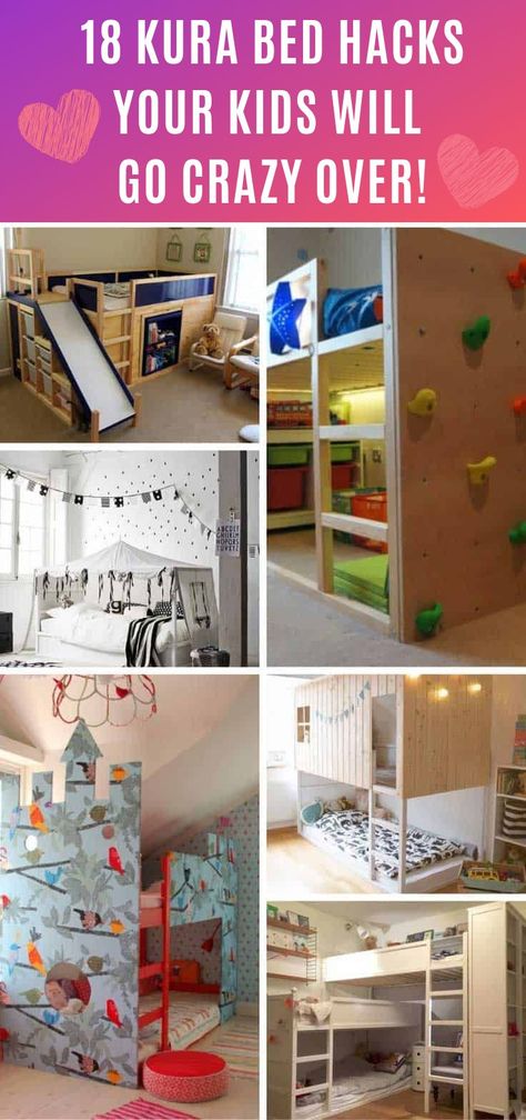 The Ikea Kura bed is super cheap but oh so boring – take a look at these Kura Bed Hack makeovers to make something your kids will LOVE to have in their bedroom! #Ikeahack #KuraHack #kids #DIY Ikea Loft Bed Ideas, Kura Cama Ikea, Spice Rack Bookshelves, Cama Ikea Kura, Bed Hacks, Ikea Loft, Kura Bed Hack, Kura Hack, Ikea Bed Hack