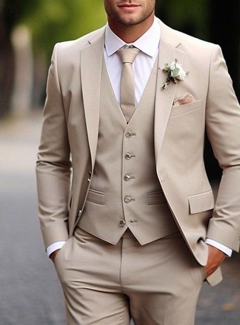 Wedding Suit Groom And Groomsmen, Cream Wedding Suit Groomsmen, Khaki 3 Piece Suit Men, Champagne Suits For Men Groomsmen, Sand Color Tuxedo Wedding, Bride And Groom Beige Suit, Tan Linen Wedding Suit, Mens Three Piece Suit Wedding Grooms, Tan Suit Fall Wedding