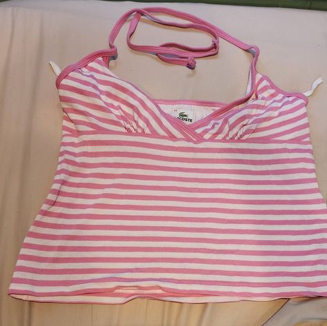 Lacoste Pink And White Striped Halter Top. Never Worn. With Built-In Bra Liner. 2000s Closet, 2000s Fashion Pink, Tank Top Embroidery, Pink And White Striped Shirt, Pink Wishlist, Lacoste Pink, Bra Liner, Mcbling Fashion, Striped Halter Top