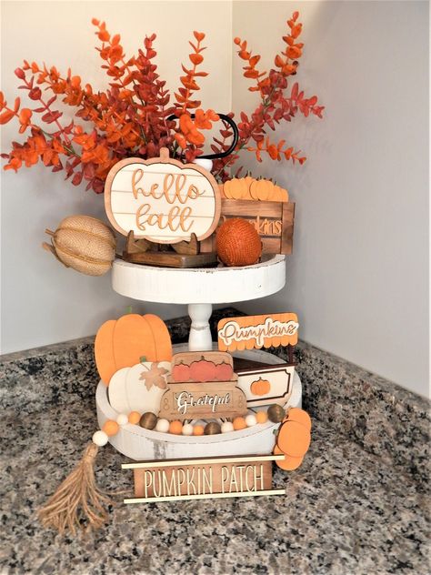 2 Tier Fall Decor Tray, Pumpkin Tiered Tray Decor, Fall 3 Tiered Tray Decor Ideas, Fall Centerpieces For Kitchen Island, 3 Tier Fall Stand Decor, Fall Decor Ideas For Office Desk, Fall 2 Tiered Tray Decor, Fall Corner Decor, Autumn Home Decor Diy