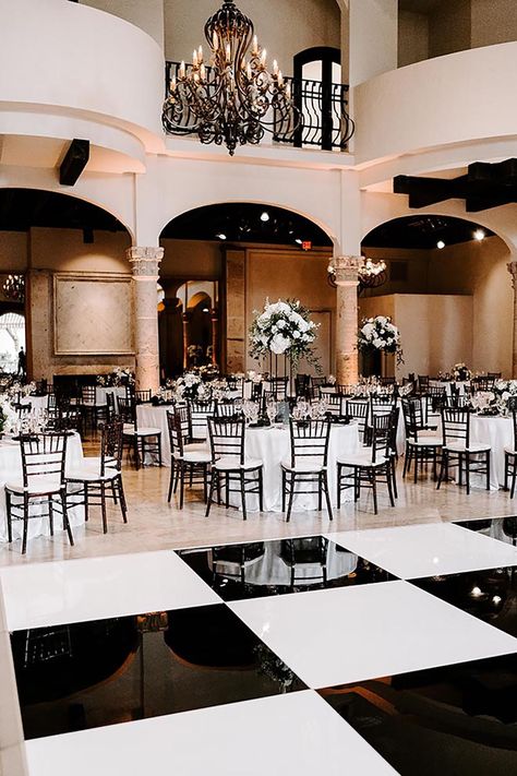 Detailed in timeless accents was the black and white wedding reception of the couple at The Bell Tower on 34th. | Photo: Erika Geier Photography   Spotlight WiH Partner-  Venue: The Bell Tower on 34th   #WeddingsinHouston #RealWeddings #LuxuryWeddings #WeddingMagazine #ReceptionDecor #HoustonTX #WeddingVenue #WeddingColors #WeddingPlanning #BrideToBe #Engagement #ElegantWeddings #ColorScheme #WeddingInspo #WeddingIdeas #WeddingDetails #WeddingDay #Bride #WeddingCeremony Wedding Black Aesthetic, Black And White Wedding Venue Decor, All Black And White Wedding, Black And White Reception Decor, Black And White Aesthetic Wedding, Black And White Formal Wedding, White Reception Decor, Black Tie Reception, Black Tie Wedding Decor