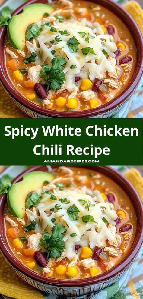 Craving a flavorful white chicken chili? Try our Spicy White Chicken Chili Recipe! A chili recipe easy to prepare, perfect for chicken recipes, dinner ideas, and healthy dinner recipes for family gatherings. Spicy White Chicken Chili, White Chili Recipe, Sausage Chili, Cream Cheese Chicken Chili, White Chicken Chili Recipe, White Chili, White Chili Chicken Recipe, Chili Recipe Easy, Chicken Chili Recipe