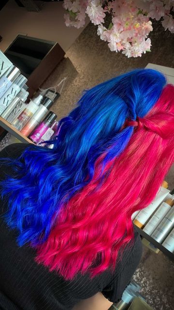 Bright Vivid Hair Color, Hot Pink And Blue Hair, Pink And Blue Split Dye Hair, Half And Half Dyed Hair, Red And Blue Hair, Split Hair Dye, Split Dye Hair Ideas, Blue And Red Hair, Pink And Blue Hair