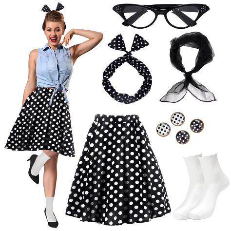 PRICES MAY VARY. 50s Costume Accessories: You will receive 1 vintage 50s skirt, 1 cat eye glasses, 1 sheer chiffon scarf, 1 pair round dangle earrings, 1 pair stud earrings, 1 pair ruffle frilly socks, a whole 50s costumes set satisfies your dressing needs Puffy 1950s Skirt: Classic 50s skirt is made of polyester fabric and elastic waistband, comfy and stretchy to wear, available in polka dot design and poodle skirt design, 5 sizes from S to XXL, suitable for most women and girls Retro 1950s Acc Plus Size 50s Costume, 50 Days Of School Outfits, Diy 50s Costume Women, 50s Halloween Costume, 50s Party Outfit, 50s Costumes, 1950s Poodle Skirt, Cj Walker, 1950s Accessories