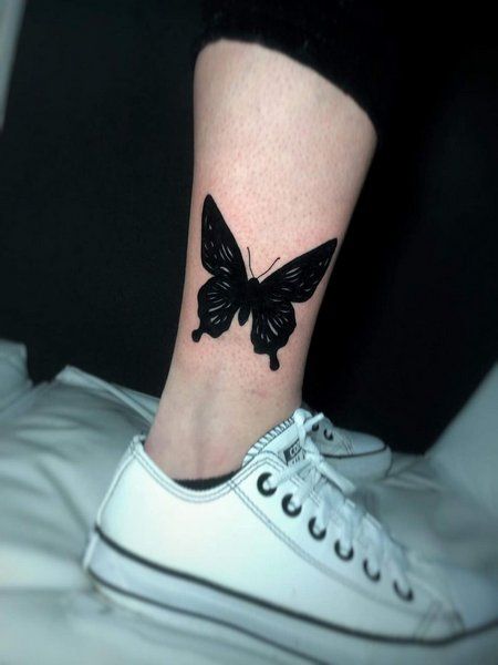 Black Buterfluffy Tattoo, Cover Up Butterfly Tattoo Ideas, Blacked Out Butterfly Tattoo, Black Out Butterfly Tattoo, All Black Butterfly Tattoo, Black Butterfly Tattoo Design, Big Tattoo Cover Up Ideas Black, Black Tattoo Cover Up For Women, Cover Up Tattoos Butterfly