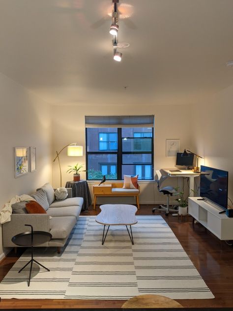 Apartment Living Room With Desk Layout, Desk In Living Room Apartment Layout, Apartment Desk Living Room, Office In Studio Apartment, Apartment Living Room With Desk, Seoul Apartment Aesthetic, Office In Living Room Apartment, Living Room With Work Space, Living Room Office Combo Apartment